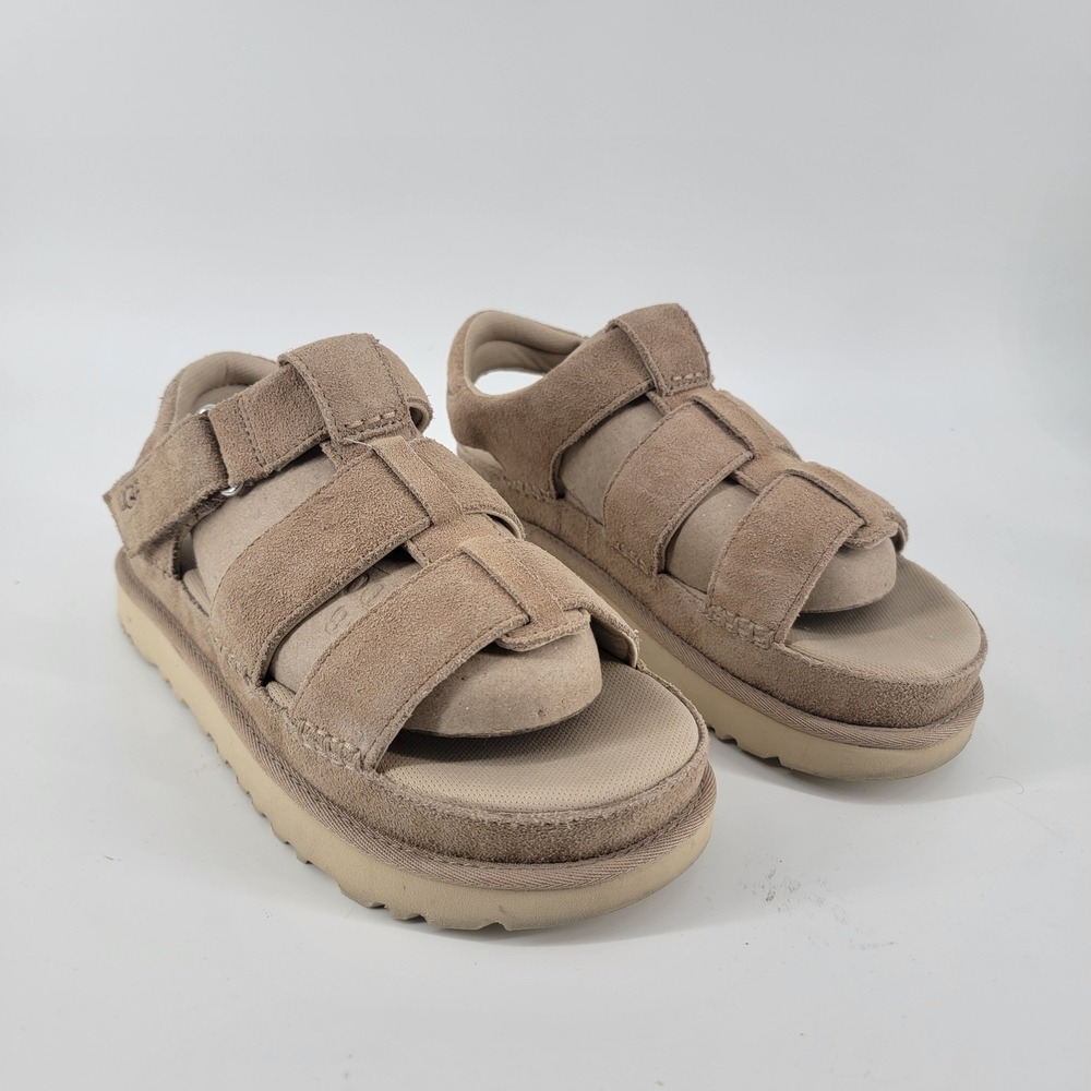UGG Goldenstar Strap Platform Sandal Womens 8 Driftwood Tan Suede